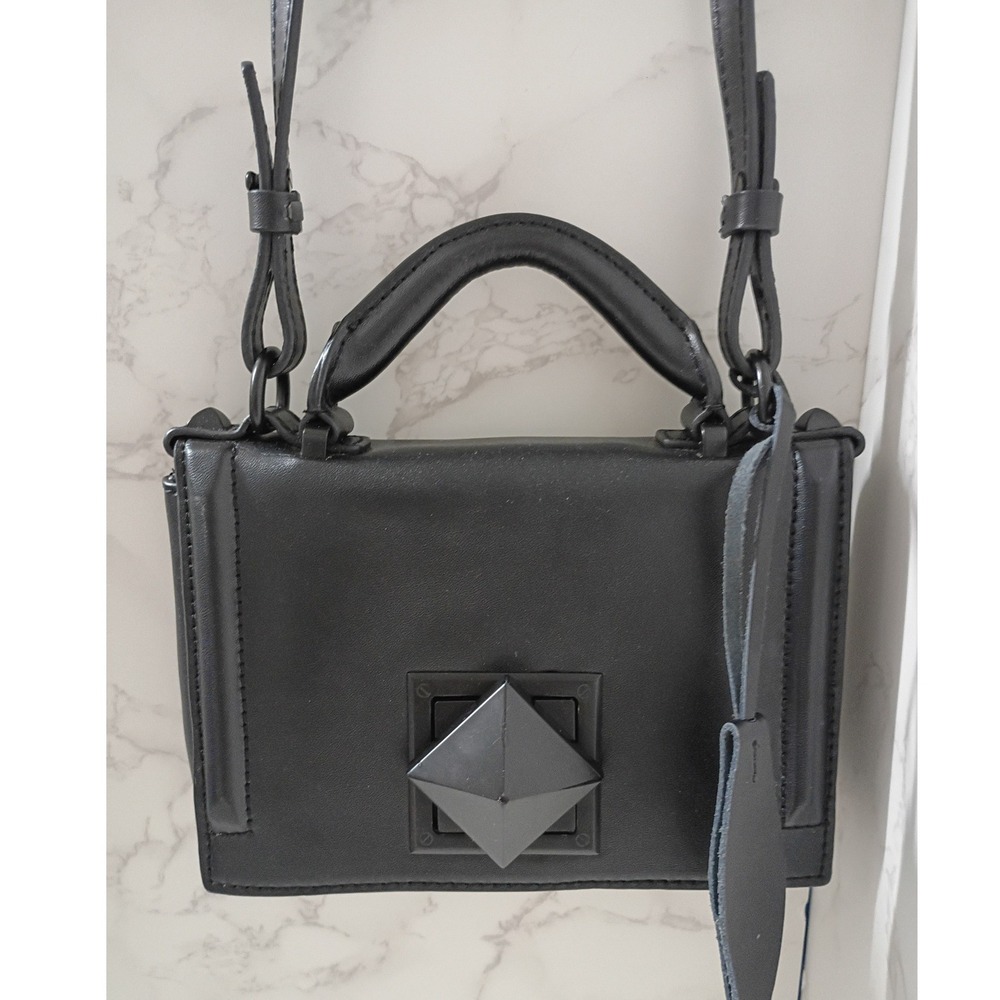 L.A.M.B. Gwen Stefani Smooth Black Leather Crossbody Bag w/ Pyramid Turn Lock